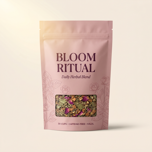 Bloom Ritual hormone balance herbal tea pouch on cream background